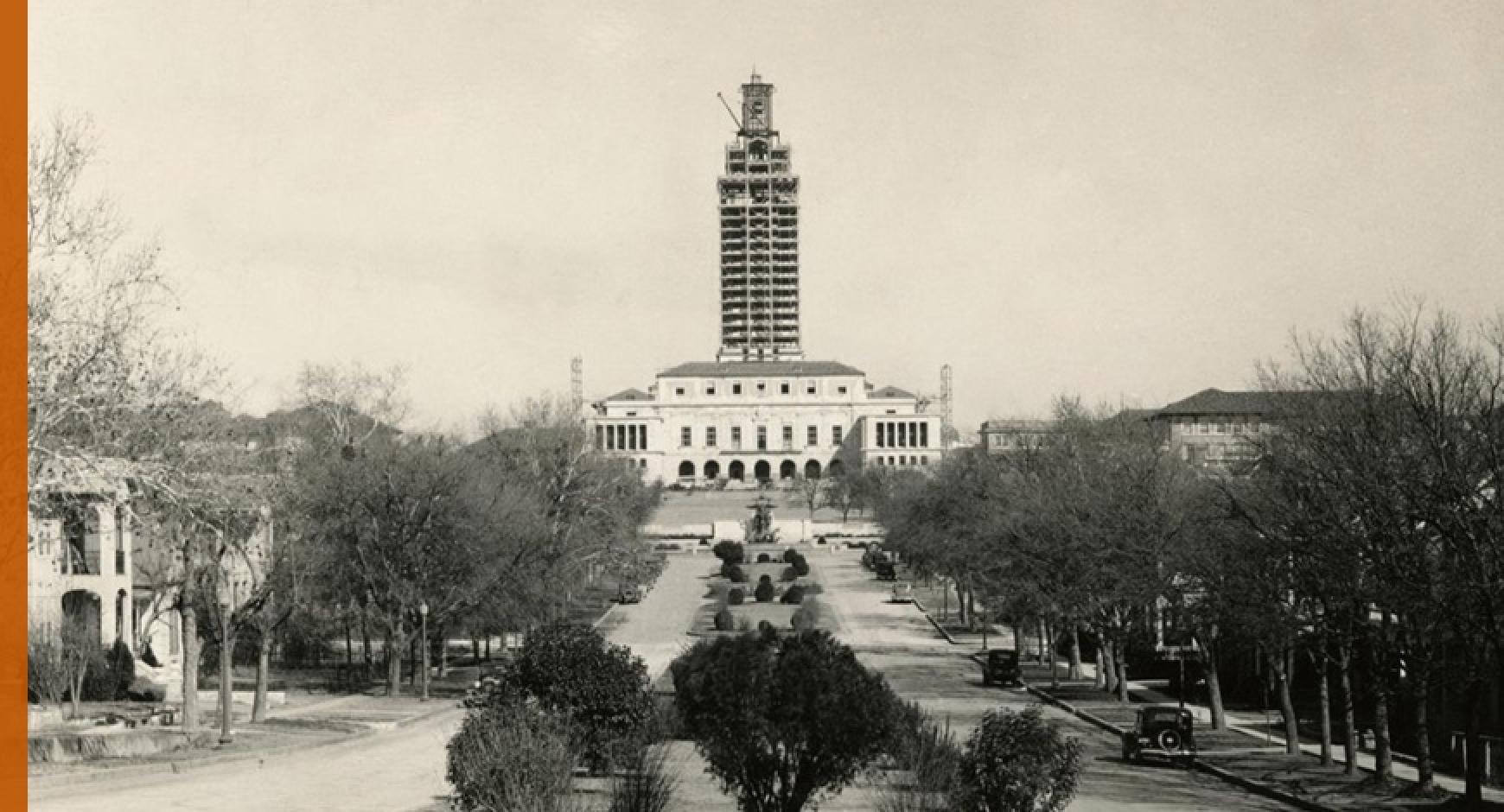 UT Tower construction from 19th Street looking up University Avenue 1937